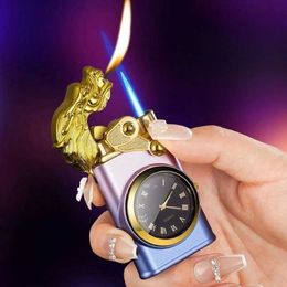 Metal Rocker Ignition Double Fire No Gas Cigar Lighter Windproof Jet Flame and Open Fire Outdoor Portable Clock Lighter Men's Gifts