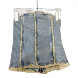 Women's Tanks Sexy Denim Tank Tops For Women 2023 Tassel Distressed High Waisted Slim Fitting Vest Summer Female Fashion Cropped Top Y4049