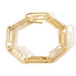 Paper Clip Chain Jewellery Custom 14K Real Gold Full Zircon Paperclip Rectangle Link Bracelet 10mm Mens Iced Out CZ Beaded Strands230g