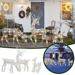 3pcs Iron Art Elk Deer Christmas Garden Decoration With LED Light Glowing Glitter Reindeer Xmas Home Outdoor 231227