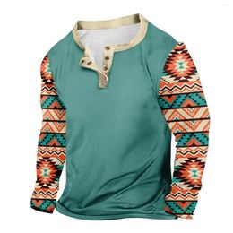 Men's T Shirts Spring Top Outdoor Vintage V-Neck Button Long Sleeve Ethnic Printed Fashion Sports T-Shirt Shirt For Men Ropa Hombre