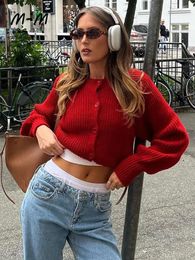 Fall Women Retro Knitted Cropped Red Cardigan Ladies Single Breasted Long Sleeve Sweater Fashion Casual Warm Thicken Short Tops 231228