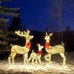 13pcs Art Elk Deer Christmas Decoration with LED Light Glowing Glitter Reindeer Xmas Home Garden Outdoor Ornament 231227
