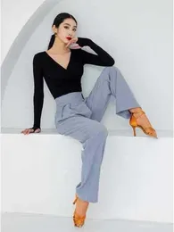 Stage Wear Solid Color Latin Dance Practice Line Pants Women Waltz Costume Jazz High Waist Competition Classical Wide Leg Trousers