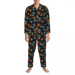 Men's Sleepwear Pyjamas Male Stars Sun Moon Leisure Celestial Print Two Piece Vintage Pyjama Set Long-Sleeve Cute Oversize Home Suit