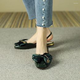 Sandals Large Size Summer Cow Leather Women's Bow Metal Decorative Chain Low Heel Thin Belt