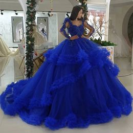 Принцесса Quinceanera Синие королевские платья с оборками и длинными рукавами, с бисером, кружевными аппликациями, бальное платье, специальное платье для выпускного вечера для Sweet 16, вечеринки по случаю дня рождения