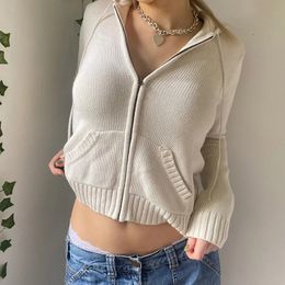 Womens Full Zip Knit Hoodies Casual Sweaters Solid Color Long Sleeve Drawstring Sweatshirts Cardigan Zip up Y2K Clothing 231227