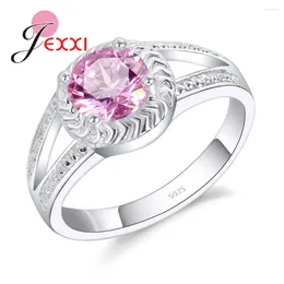 Cluster Rings Engagement Bride Romantic Style Round Pink Crystal Stones 925 Sterling Silver Ring Women Party Fashion Jewelry