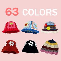 63colors Korean Handmade Bucket Hat Autumn Hat Women's Knitted Hat Y2k Fashion Flowers Winter Beanies Fisherman's Hat 231228