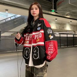 Y2k Red White Bomber Jacket Women Men Biker Racer Jacket Retro Hip Hop Grunge Clothes Trend Oversize Windbreaker Varsity 231227