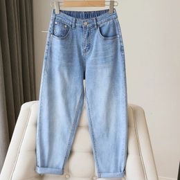 S-5XL Women Jeans Spring Autumn Elastic Waist Light Blue Loose Denim Pants Harem Pants Female Casual Trousers 231228