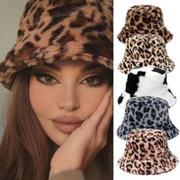 Winter Cow Leopard Print Faux Fur Plush Bucket Hats For Women Outdoor Warm Hat Soft Velvet Fisherman Cap Fashion Panama 231228