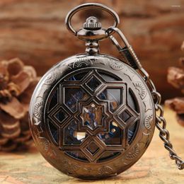 Pocket Watches Black/Bronze Mechanical Hand Winding Men's Retro Watch Blue Roman Numerals Transparent Hollow Pattern Chain Clock