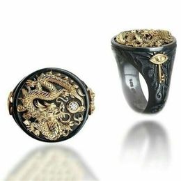 Vintage Men's 18K Gold Two Tone 14k Black Gold Plated Diamond Dragon Pattern Rings Personality Punk Ring Jewelry size 7-14320j