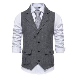 Grey Herringbone Tweed Suit Vest Men 2023 Brand Vintage Lapel Wool Blend Waistcoat Party Business Gilet Costume Homme 231227