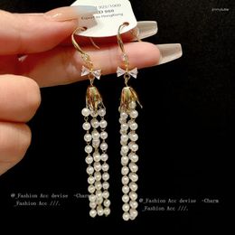 Dangle Earrings Women's Trendy Long Beaded Tassels Earring Elegant Imitated Pearl Jewellery Cubic Zirconia Bowknot Jewellery Charm Flower