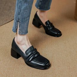 Dress Shoes Round Toe Loafers Slip On Spring Autumn Vintage Soft Pumps Woman Retro French Style Cowhide Women Pump Thick Sqaure Heel