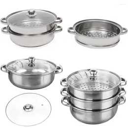 Double Boilers Stainless Steel Vegetable Steamer Pan Set 1/2/3-Layer Glass Lid Stacktable Transparent Steaming Cookware Stews