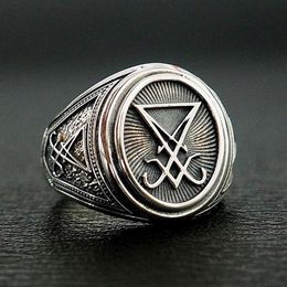 Retro Gothic Lucifer Satan Signet Ring Stainless Steel Rock Punk Seal Rings Men and Women Pagan Jewellery Gift269C