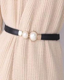 Belts Women Double Pearl Belt Female Black Red White PU Leather Dress Skirt Waist Elastic Thin Ladies Designer Waistband ND2355284058