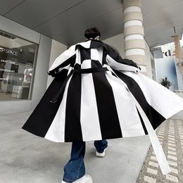 Autumn Winter Irregular Black White Contrast Colour Trench Coat Mens Korean Fashion Long Coat High Quality Jackets 231227