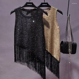 Women's Tanks 2023 Summer Korean Fashion Sequin Fringe Vest Gold Thread Small Suspenders Wearing Sleeveless Knitted Beaded Top Women