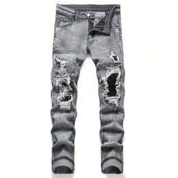 Men Paisley Bandana Print Patch Jeans Streetwear Patchwork Holes Ripped Stretch Denim Pants Slim Straight Biker Trousers