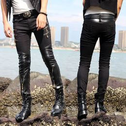 Idopy Fashion Men's Casual Faux Leather Pants Cotton Patchwork Zippers Black Punk Slim Fit Party PU Trousers For Male 231228