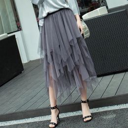 Skirts Women Tulle Cake Mesh Skirt Korean High Waist Pleated Puffy Fairy Elegant Elastic Long A-Line Chic