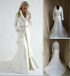 Whole fur A line Wrap strapless satin White Winter Wedding Dress Cloak Chapel Train Satin Long Sleeve Coat for bride1724142