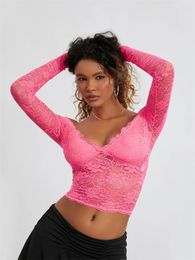 Women's Blouses Women Long Sleeve Lace Crop Tops Off Shoulder V Neck Corset Shirts Spring Summer See Through Casual Vintage Sexy