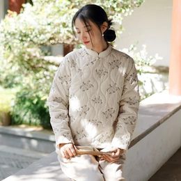 Women's Trench Coats QPFJQD Retro Chinese Style Disc Buckle Cotton Parkas Winter Spring Women Ladies Embroidery Vintage Pullover Tops Long