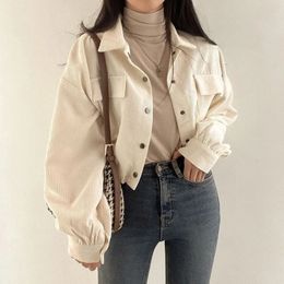 Rimocy Chic Pockets Long Sleeve Cropped Blouse for Women Corduroy Drawstring Short Jacket Woman Korean Wild Solid Color Coats 231227