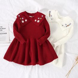 Baby Girl Winter Party Dress Long Sleeve Fashion Flower Embroidery Knitted Toddler Sweater Kids 231228