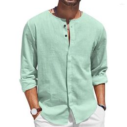 Men's Casual Shirts Men Fall Shirt Round Neck Business Long-sleeved Solid Color Soft Breathable Button Mid Length Beach Top