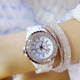 Wristwatches Fashion Women Watches Luxury White Ceramic Strap Shiny Rhinestones Diamond Relogio Feminino Ladies Quartz Watch Kadin288J