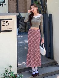 Skirts 2023 Autumn Women Vintage Pink Mesh Plaid A-line Half Long Elastic High Waist Party Bodycon Wrapped Hip Skirt Female Chic