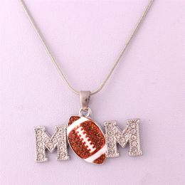 HS05 Mother's Day Gift zinc alloy Crystal football MOM pendant with wheat link chain lobster clasp necklace283S