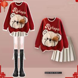 Work Dresses Sping Autumn Lucky Red Sweater Pleated Mini Skirts 1 Or 2 Piece Set Women Cute Bear Knit Pullover Skirt Outfits Top With Bag