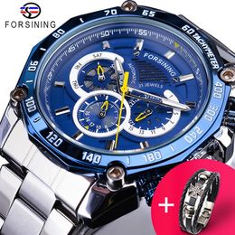 Forsining Watch Bracelet Set Combination Blue Calendar 3 Dials Silver Stainless Steel Automatic Mechanical Watches Men's Cloc320z