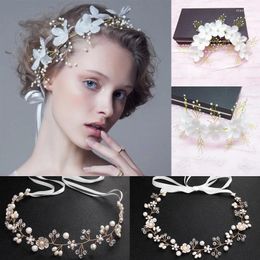 Headpieces Crystal Floral Pearl Headband For Bridal Wedding Accessories Twisted Adjustable Ribbon Jewelry Romantic Hairband Headwear