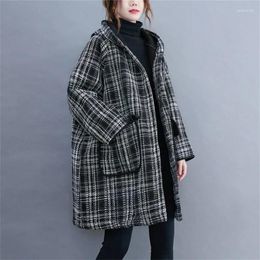 Women's Trench Coats Winter Jackets Vintage Large Size Clothing 2023 Hooded Plaid Cotton Coat Thick Korean Loose Overcoats Fp373