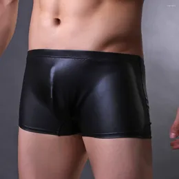 Underpants Sexy Men Boxer PU Leather Oil Shiny Underwear Low Rise Tight Briefs Hip Lift Bugle Pouch Knickers Smooth Solid Underpant