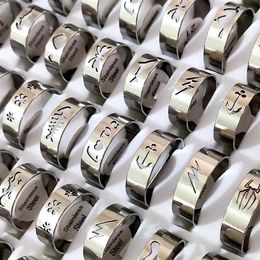 Bulk lots 100pcs lot Top Mixed Laser Cut Stainless Steel Silver Ring Men Women Fashion Cool Finger Ring Party Jewelry299G