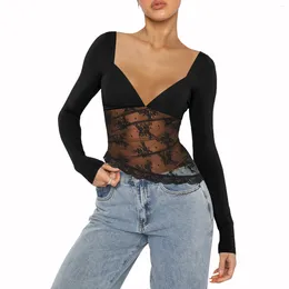 Women's T Shirts Women T-Shirt Long Sleeve V Neck See-Through Lace Patchwork Slim Fit Ladies Fall Tops Clubwear Skin Friendly