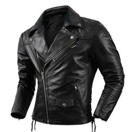 Men's Motorcycle Jacket Protectors Genuine Leather Clothes Natural Cowhide Oblique Zipper High Quality Coat Size S-5XL 231228