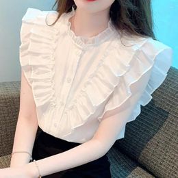 Women's Blouses Fashion Elegant White Women Blouse Sleeveless Tops Summer Woman Ruffles Chiffon Shirts Korean Clothing 27482