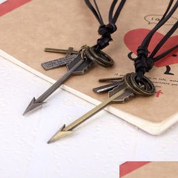 Pendant Necklaces Arrow Necklace Retro Letter Id Ring Charm Adjustable Leather Chain Necklaces For Women Men Punk Fashion Je Dhgarden Dhd03