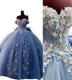 2021 Light Blue Quinceanera Dresses Ball Gown Off Shoulder Lace Crystal Beads Pearls With Flowers Tulle Plus Size Sweet 16 Party P6847769